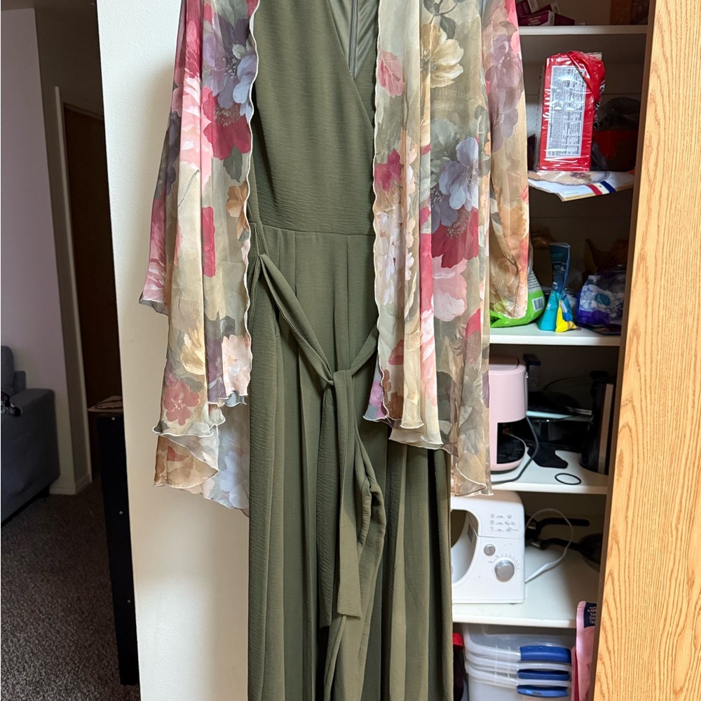 Tahari ASL Olive Jumpsuit with Floral Kimono